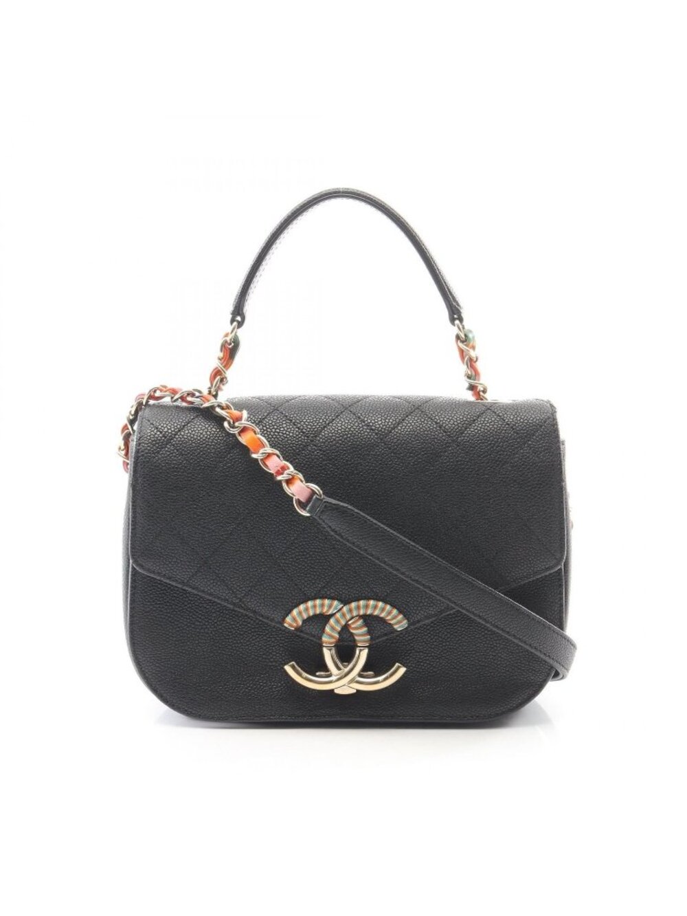 Chanel Shoulder Bag CC Logo Top Handle Flap Quilted 2-Way Black